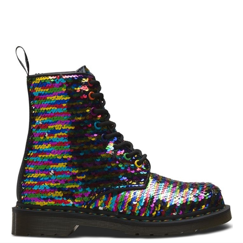 NWOT DR. MARTENS WOMENS 1460 PASCAL SEQUIN BOOT RAINBOW MULTI/SILVER